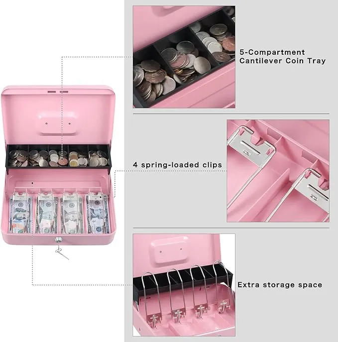 xydled Caisse à monnaie avec plateau à billets rose